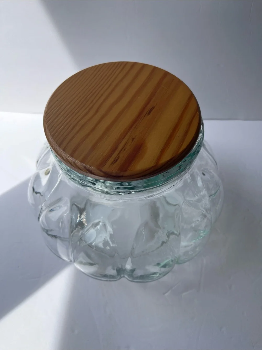 Vintage Pumpkin Potbelly Glass Apothecary Jar. Wood Lid. Canister 7.75